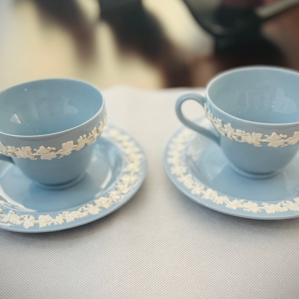 2- Vintage Wedgwood Queensware Embossed Cream on Lavender Blue Cup & Saucer.